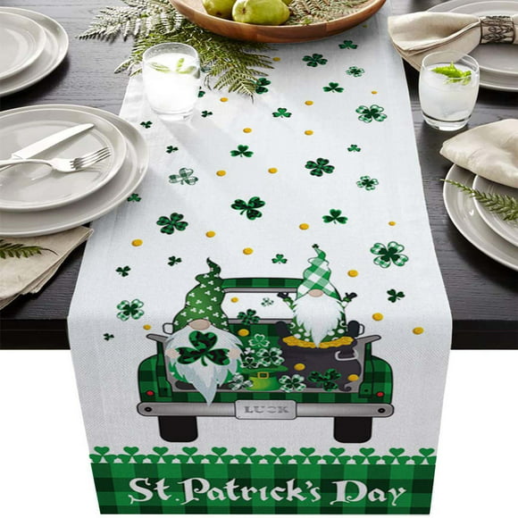 Patrick's Day Green Plaid Truck Full of Shamrock Washable Table Mats Set of 6 and Runner Home Dining Table Decor for Indoor & Outdoor MuswannaA Placemats and Table Runner Set for Dining Table St 